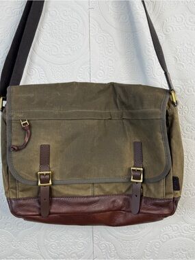 Fossil Messenger Bag Green Brown Canvas Leather Crossbody Laptop Work Travel Men